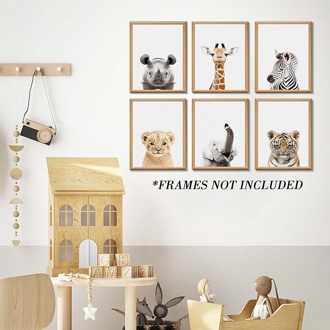 Safari Cute Animal Decor: Rhino, Giraffe, Zebra - Wall Art for Baby Bedroom (8x10, Unframed)