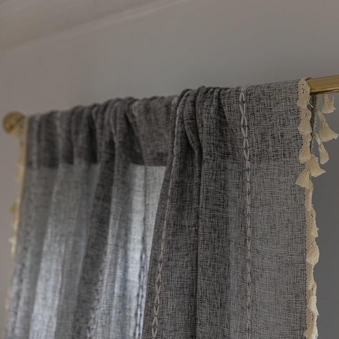 Sutuo Home Boho Curtain for Bedroom Living Room Kitchen, Semi Blackout Linen Farmhouse Shabby Chic Tassels Window Treatment Bohemian Embroidery Drape, Rod Pocket 1 Panel 52" W x 96" L, Black Grey
