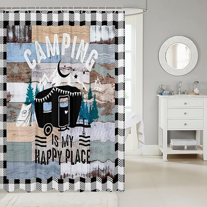 Feelyou Happy Camping Shower Curtain Camper Fabric Shower Curtain for Kids Boys Girls Rustic Farmhouse Style Bathroom Waterproof Accessories with 12 Hooks Vintage Barn Door Curtains,72X84 Inches