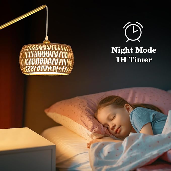 Gold Floor Lamp with 3 Color Temperatures, Floor Lamps for Living Room with Remote and LED Dimmable Bulb, Farmhouse Arc Standing Lamp, Rattan Floor Lamp for Bedroom, Adjustable Over Couch Tall Lamp