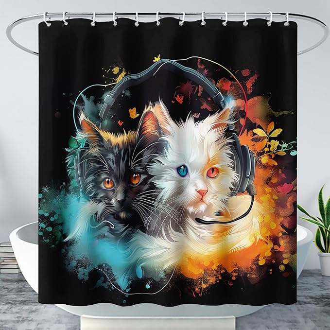 AILONEN Cute Cat Shower Curtain Set, Black White Cat Waterproof Fabric Shower Curtain for Kids Boys Girls,Headphones Kitty Shower Curtain for Bathroom with Hooks,72" W*84" H