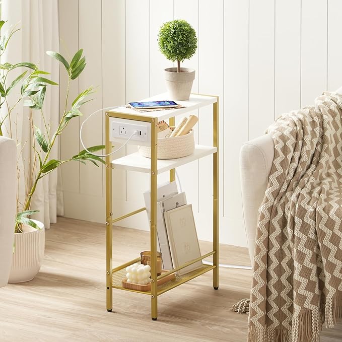 HOOBRO Small Narrow Side Table with Charging Station, Skinny End Table for Small Spaces, Slim Nightstand with USB Ports Outlet, Sofa Beside Table with Storage Shelf, White and Gold DW102UBZ01