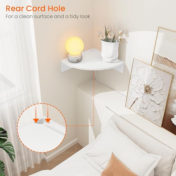Homode Floating Corner Shelves, Set of 3 Wood Corner Wall Shelves with Wire Hole, 12 Inch Deep Hanging Corner Display Shelf for Living Room, Kitchen, Bedroom, White