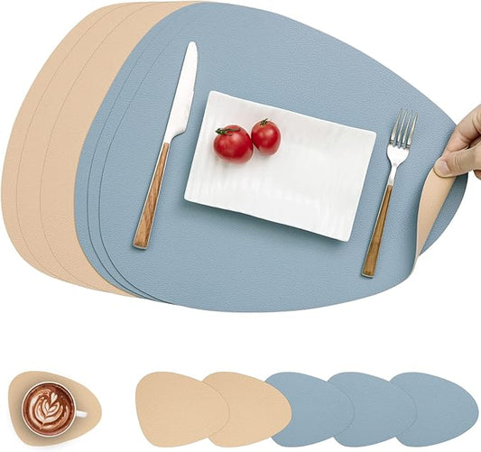 Myir JUN Placemats, Dual-Sided Placemats Waterproof Faux Leather Placemats Set of 6 Place Mats and Coasters Non-Slip Washable Table Mats for Dining Table (Camel Yellow Light Blue, Set of 6)
