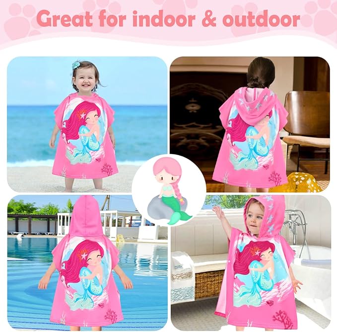 HUANLANG Kids Hooded Beach Towel for Boys Girls,Bath Pool Beach Poncho Towels Super Soft & Absorbent Cotton Towel Childrens Mermaid Beach Towels for Toddler 0-7 Years Old