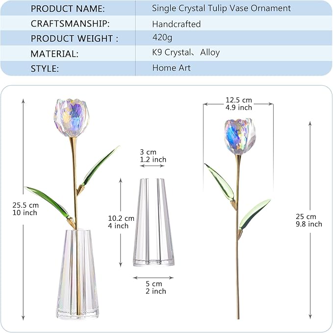 Crystal Tulip Flowers Figurine Collectible- Glass Flowers with Vase,Glass Flower Bouquet Paperweight,Gift for Anniversary Wedding Centerpiece Ornament（Colorful）