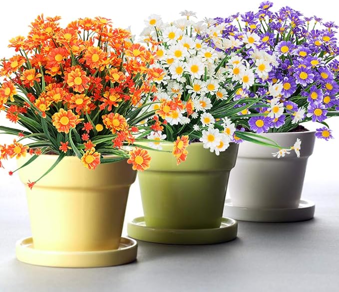 Artificial Daisies Flowers Outdoor UV Resistant 4 Bundles Fake Foliage Greenery Faux Plants Shrubs Plastic Bushes for Window Box Hanging Planter Farmhouse Indoor Outside Decor(Orange Red)