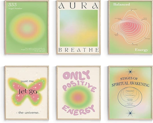 Habseligkeit Green Cute Room Decor, Gradient Wall Posters, Buttefly Wall Art Prints, Aura Posters for Grils Aesthetic Bedroom 8x10inch, Unframed, Set of 6