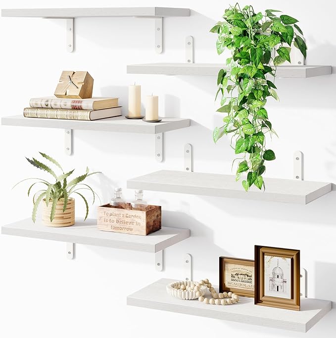 Fixwal Wood Floating Shelves for Wall Decor, Wall Shelves Set of 6, Wall Mounted Floating Shelf for Bedroom Decor, Bathroom Storage, Farmhouse Shelf for Wall - White