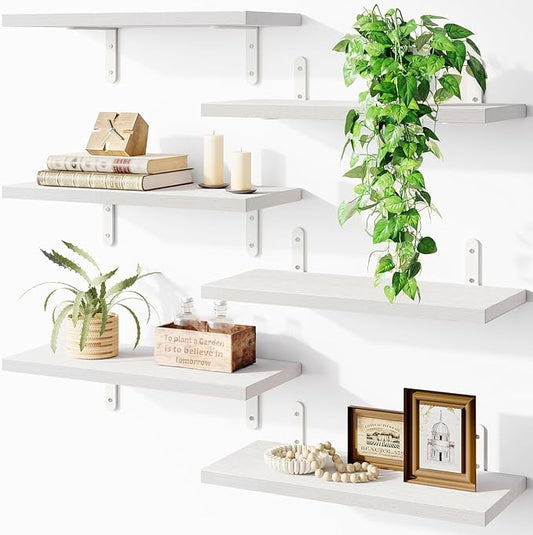 Fixwal Wood Floating Shelves for Wall Decor, Wall Shelves Set of 6, Wall Mounted Floating Shelf for Bedroom Decor, Bathroom Storage, Farmhouse Shelf for Wall - White