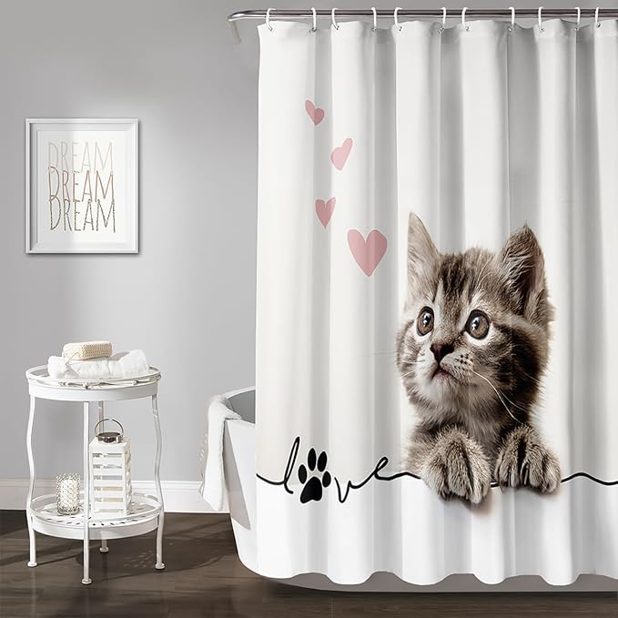 AILONEN 3D Kawaii Cat Shower Curtain, Fuzzy Ball Kitten Shower Curtain for Kids Girls Boys Bathroom Decor,Cute Pet Cat Lover Waterproof Shower Curtains Sets with Hooks,48" W*72" H