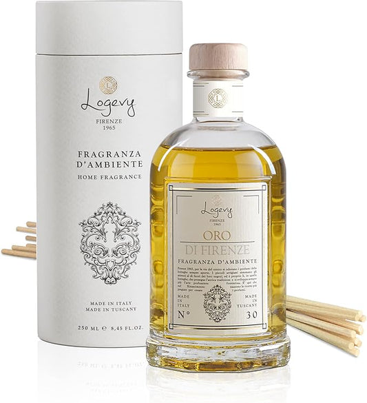 Logevy Firenze 1965 Oro di Firenze – Gold of Florence Luxury Home Fragrance Diffuser by Italian Master Perfumer with Floral & Earthy Notes in Elegant Glass Bottle with 10 Natural Bamboo Reeds – 250ml