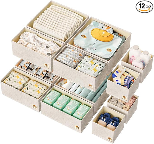 Linen Drawer Organizers for Nursery, Dresser & Closet (12-Pack) – Sturdy, Collapsible Nursery & Dresser Dividers for Baby Clothes, Socks, Underwear & Essentials – Multi-Size Set, Beige