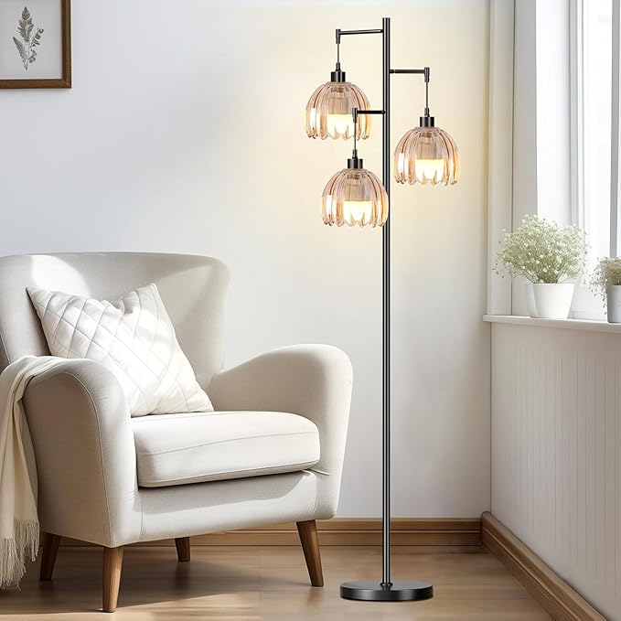 Gold Floor Lamp for Living Room,Bedroom,Tree 3 Light Standing Lamp Mid Century Modern Brass Tall Floor Lamps Vintage Retro Floor Lights Glass Flower Amber Lamp Shade Farmhouse Boho Bohemian