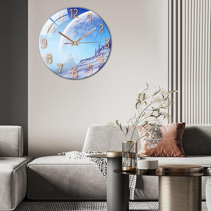 Ergocar Glass Wall Clock Silent Scanning Mechanical Round Glass Wall Clock, Suitable for Living Room, Kitchen, Office.