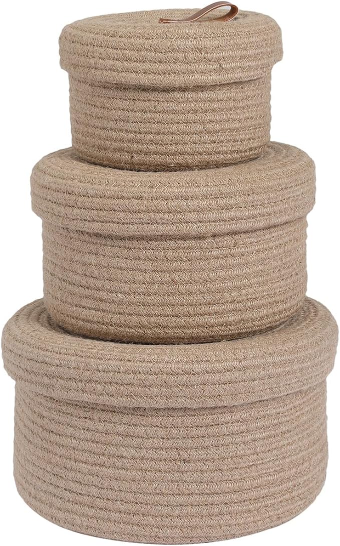 Cottonphant Set of 3 Stylish Round Woven Baskets with Lids - Elegant Storage Solution for Home Decor and Organization - Compact Shelf Baskets (Jute, 10"x6"-8"x5"-6"x4")