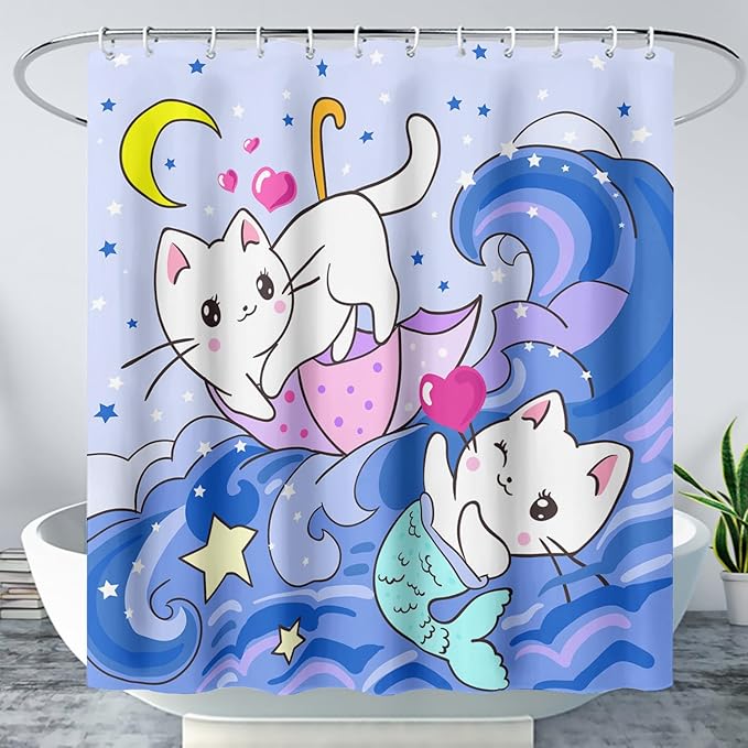 AILONEN Cute Cat Shower Curtain,Kawaii Cartoon Mermaid Kitten Polyester Cloth Bath Curtain Set for Girls Boys,Kittens with Spray Waterproof Shower Curtains for Bathroom, 72" W*72" H Blue