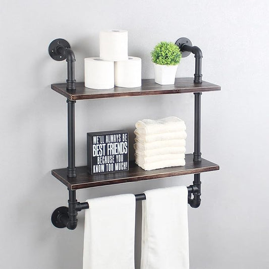 Pipe Shelving,Iron Pipe Shelves Industrial Bathroom Shelves with Towel bar,24in Rustic Metal Pipe Floating Shelves Pipe Wall Shelf,2 Tier Industrial Shelf Wall Mounted,Retro Black