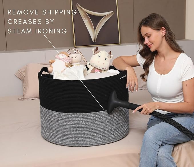 24" x 24" x 17" Max Size Large Cotton Rope Basket, Extra Large Storage Basket, Woven Laundry Hamper, Cloth Storage Bin, for Blankets Clothes Towels Pillows in Living Room, Black/Grey Mix