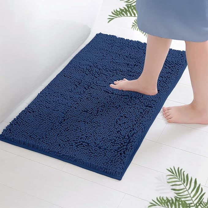 LuxUrux Bathroom Rugs Sets 2 Piece - Plush Bath Mat Set Quick-Dry Soft Chenille Bathroom Mat with Rubber Backing, Absorbant Bathroom Rug Set, Washable.(17 x 24, Blue)