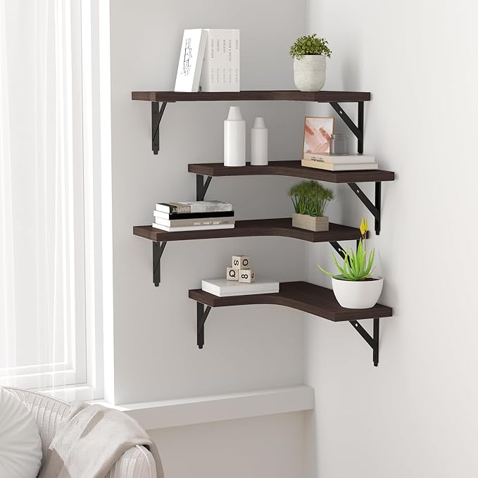Corner Floating Shelves Wall Mounted Set of 4, Rustic Wood Storage Display Wall Shelves for Home Decor, Bathroom, Kitchen, Bedroom, Living Room, Office (Brown)