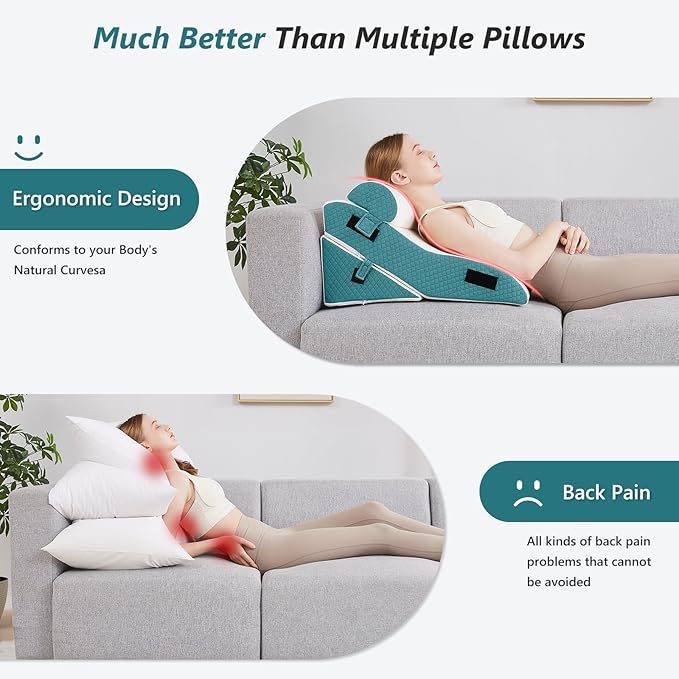 3 PCS Upgraded Bed Wedge Pillow for Sleeping - 35D Post Surgery Pillow for Back Leg Pain Relief - 16.5" Wide Wedge Pillows for After Surgery for Acid Reflux & GERD & Snoring(White Blue)