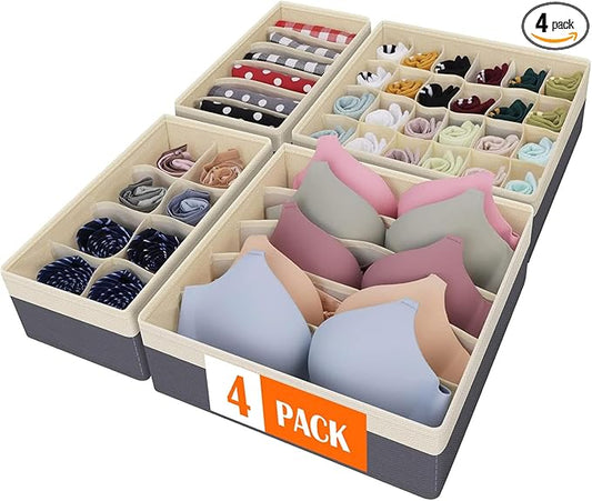 Drawer Organizer Divider, Foldable Closet Storage Organizer Basket, and Fabric Organization Bins for Clothes, Socks, Underwear, Bras, Ties, Accessories, 4 Pcs (Beige & Dark Grey)