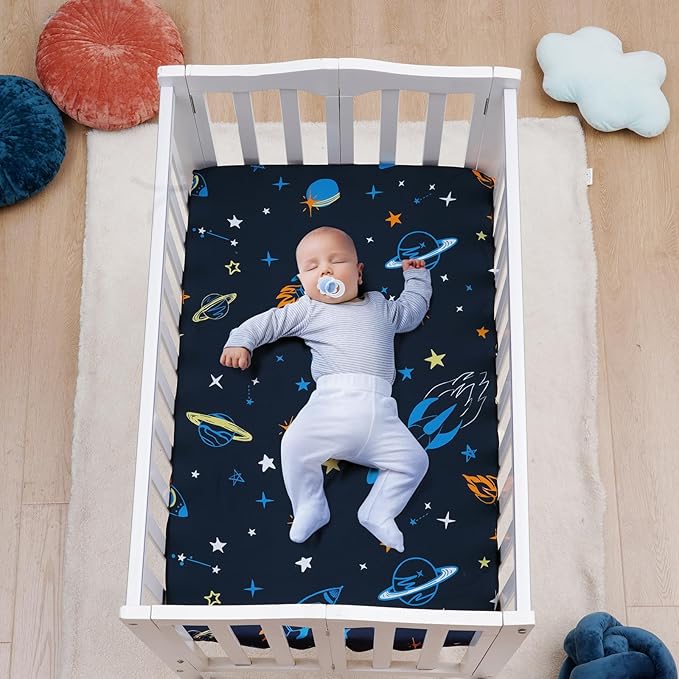 3 Pack Mini Crib Sheets, Premium Pack N Play Sheets for Boys Girls Neutral, Soft Breathable Baby Sheets Fit Pack N Play, Playard and Mini Crib Mattresses, Space