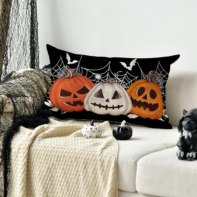AVOIN colorlife Halloween Pumpkin Jack-O'-Lanterns Bat Throw Pillow Cover, 12 x 20 Inch Holiday Farmhouse Black Cushion Case Decoration for Sofa Couch