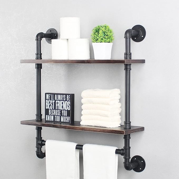 Pipe Shelving,Iron Pipe Shelves Industrial Bathroom Shelves with Towel bar,24in Rustic Metal Pipe Floating Shelves Pipe Wall Shelf,2 Tier Industrial Shelf Wall Mounted,Retro Black