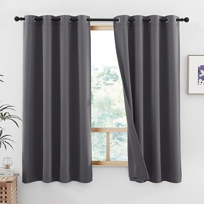NICETOWN 100% Blackout Curtains with Same Color Liners, Thermal Insulated Full Blackout 2-Layer Lined Curtains, Energy Efficiency Window Draperies for Dining Room (Grey, 2 Panels, 52W by 45L)