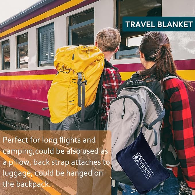 Vessia Travel Blanket for Airplane, Train and Car, Warm and Soft Travel Blanket in Bag for Adults and Kids, Portable Compact Long Flight Blanket with Luggage Sleeve, Backpack Clip(Navy)