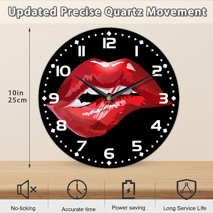 Red Lip Wall Clock - Vintage Wooden, Silent Non-Ticking, Battery Operated, Arabic Numerals, Decorative for Kitchen, Office, Classroom - 10 Inch