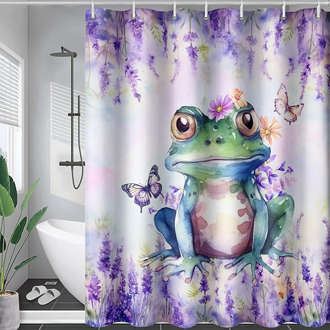 AILONEN Frog Shower Curtain, Tie Dye Lavender Flower Bath Curtain,Tie Dye Frog Bathroom Curtain Decor,Cute Frog Polyester Waterproof 60" W*72" H Shower Curtain (12 Hooks)