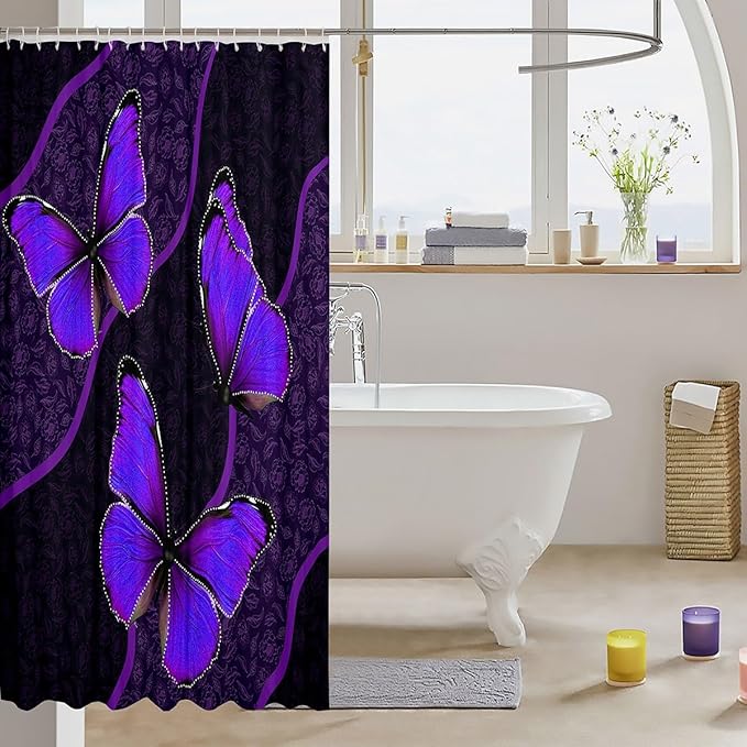 Feelyou Butterfly Shower Curtain 72"x72" Kids Butterflies Botanical Floral Print Bathroom Shower Curtain Set for Boys Girls Teens Geometric Stripes Bath Curtain Purple Bathroom Accessories