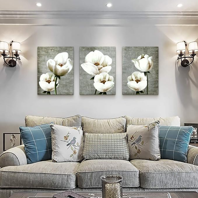 Living Room Wall Decor Canvas Wall Art For Bedroom Bathroom Wall Painting Artwork Gray Green Vintage Style White Flowers Abstract Pictures Wall Decorations For Kitchen 3 Panels Modern Family Decor