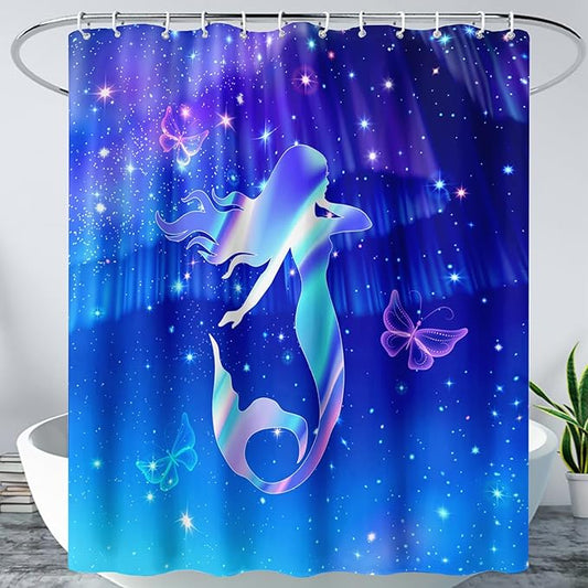 AILONEN Mermaid Shower Curtain for Bathroom,Blue Mermaid Star Girls Kids Bath Curtain 72" W*78" H,Beautiful Mermaid Decorative Waterproof Curtain with 12 Plastic Hooks