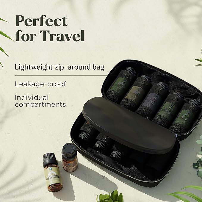 Essential Oils Set - 10pc Aromatherapy Oil in Portable Bag - Diffusers, Humidifiers, Yoga, DIY Cleaning Products, Candle Making - Peppermint, Tea Tree, Lavender, Eucalyptus, Lemongrass (10mL)