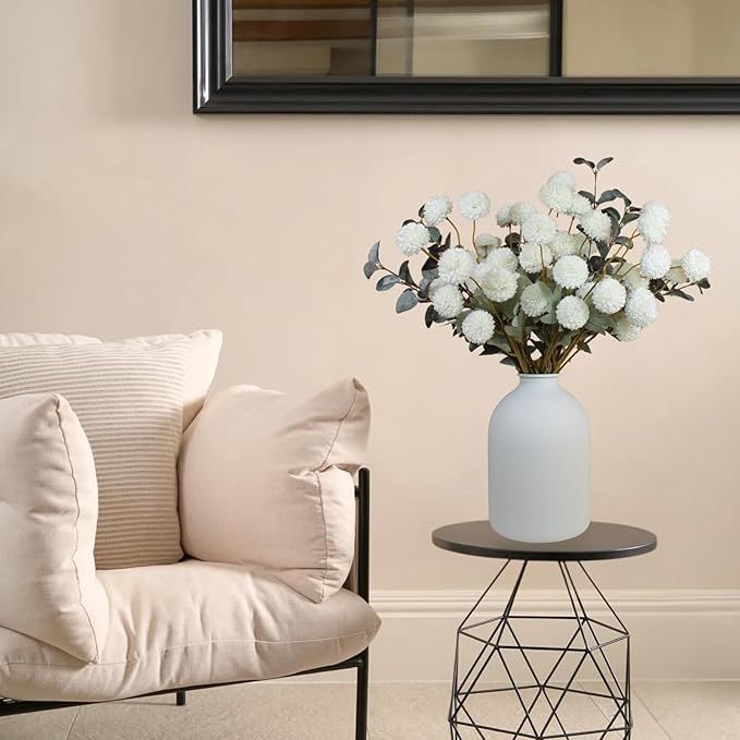 RyddeligHome White Faux Flowers for Vase - Kiku 10 Stems & Eucalyptus, Fake Flowers Stems, Realistic Artificial Flowers, Pom Pom Balls for Aesthetic Room Decor, Floral Arrangements Centerpiece