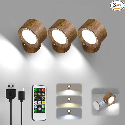 LED Wall Lights with Remote, 3 Pcs Rechargeable Wall Mounted Reading Sconces Lamp 3000mAh, 3 Colors & Dimmable Magnetic 360° Rotation Cordless Wall Lighting Spotlights for Bedroom Bedside Hallway