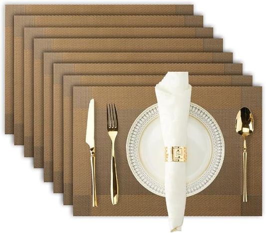 Brown Placemats Set of 8-Durable PVC Vinyl Woven Place Mats for Dining Table Heat Resistant Non-Slip Washable Indoor/Outdoor Table Mats 12 x 17 inch