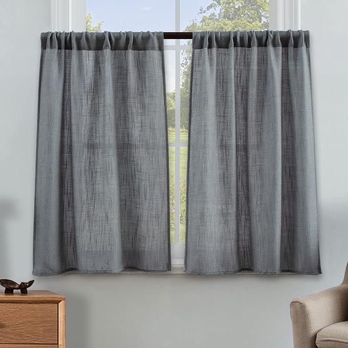 Valea Home Soft Burlap Short Curtains Rustic Natural Rod Pocket Curtain Panels for Small Window 45 inch Length Cafe Kitchen Curtains, 2 Panels, Grey