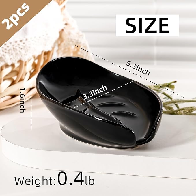Soap Holder, Self Draining Soap Dishes 2PCS, Leaf Shape Ceramic Bar Soap Holder Drain Soap Dishes for Bathroom Sink Kitchen, Easy to Clean Keeps Soap Dry, Black, ANTIS'S HOME
