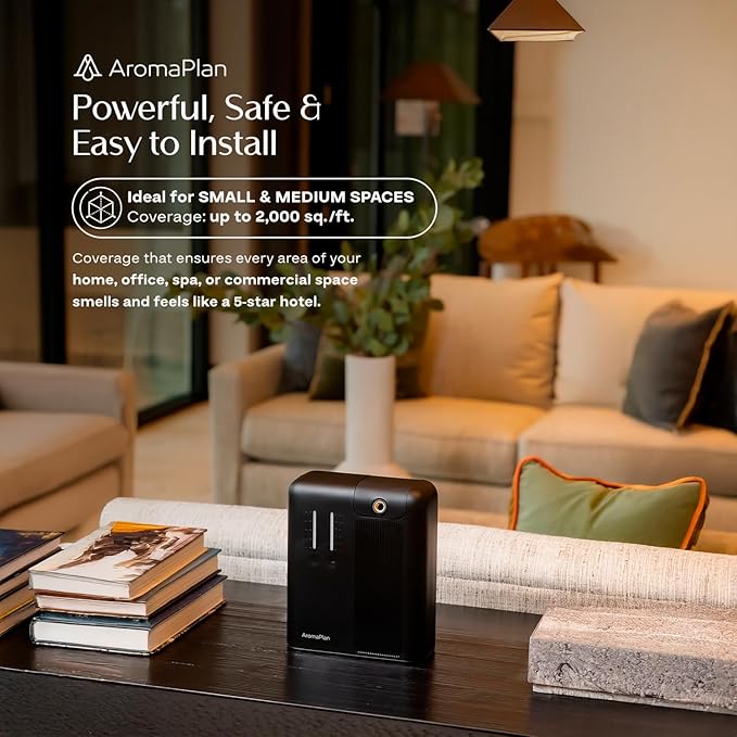 AromaPlan 2025 Waterless HVAC Scent Diffuser Whole House & Commercial Diffuser, 2 Fragrances Included-Smart, Cold-Air Waterless Scent Air- App Control, AC, 2000 Sq. Ft Coverage,Black