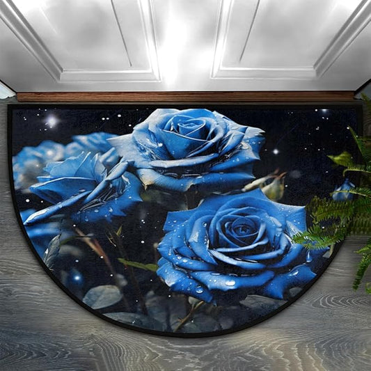 Half Round Rug Blue Rose Doormat Flower Bathroom Rug Festival Decorative Gifts Non-Slip Washable Doormat for Indoor Outdoor Living Room Kitchen Bedroom