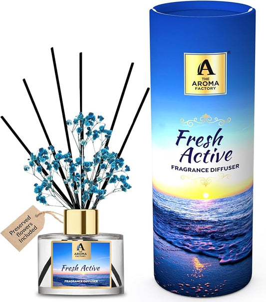 The Aroma Factory Fragrance Reed Diffuser Set with Natural Essential Oil, Aroma Sticks & Real Preserved Flowers | Luxury Home Decor Scent (Fresh Active, 1 Pack)