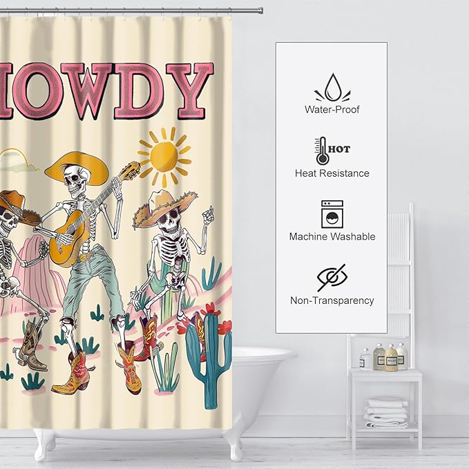 Funny Gothic Skull Shower Curtain Western Skeleton Shower Curtains for Bathroom Decor Waterproof Polyester Fabric Country Mountain Cactus Bathroom Curtain with Hooks 72x72 Inch