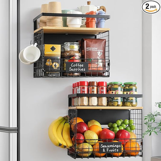 2 SET Strong Magnetic Shelf for Fridge with Tag & Bamboo Top, XXL Large Capacity Magnetic Spice Rack Shelves for Side of Refrigerator, Kitchen Pantry Storage Organizer, Multiuse Food Fruit Veg Baskets