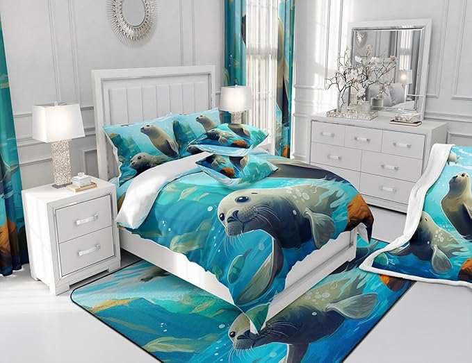 Feelyou Manatee Fabric Shower Curtain for Kids Boys Girls Cute Manatee Bathroom Waterproof Accessories with 12 Hooks Ocean Animal Shower Curtain Ocean Theme Curtains,72x84 Inches