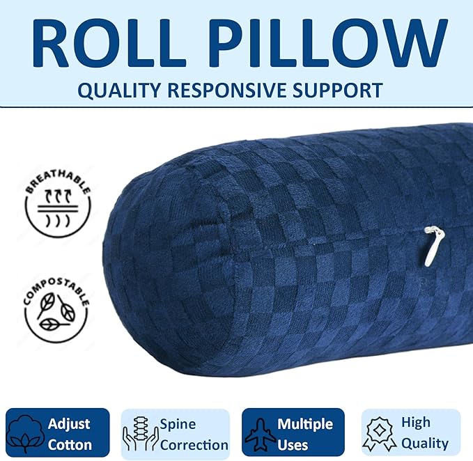 Health Cervical Neck Roll, Comfortable and Highly Resilient Bolster Pillows, Round Neck Pillows Support for Sleeping, Large Size Bolster Pillow for Bed, Legs, Back and Yoga (Checkerboard--Blue)